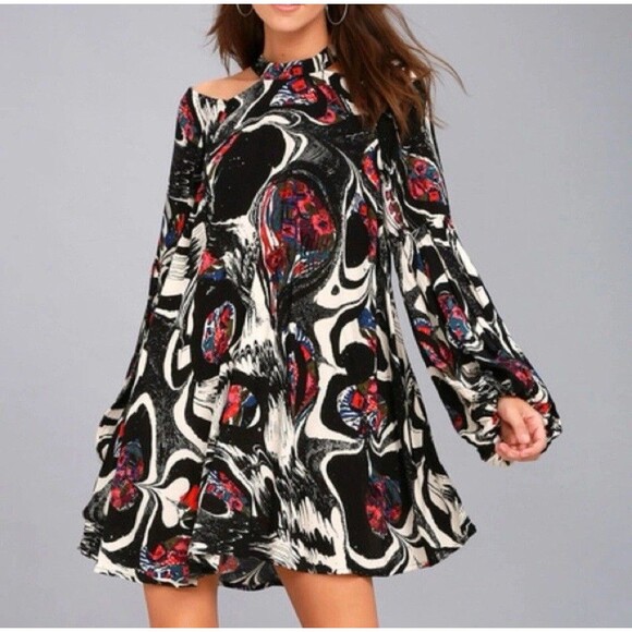 Free People Small Drift Away Tunic Dress Black White Abstract Cold Shoulder Boho - Picture 2 of 7